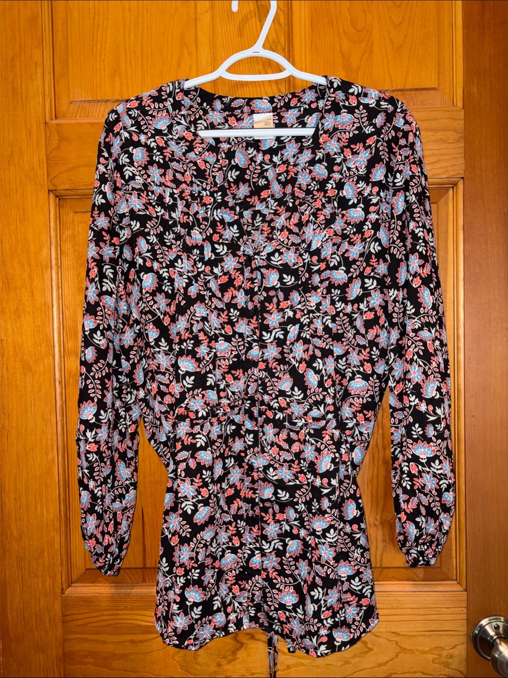 Black Floral Peplum Tunic Blouse with Coral Pink & Blue Flowers